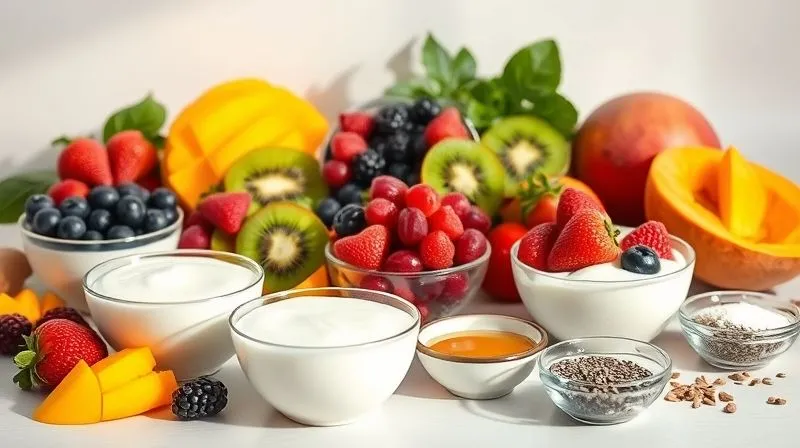 A visually appealing, professional photography shot displaying a variety of fresh, vibrant ingredients for healthy yogurt desserts. In the foreground, a selection of different types of yogurt (natural, Greek, skyr) in elegant bowls. Surrounding them are colorful fresh fruits like berries, sliced kiwi, and mango, alongside small bowls of natural sweeteners (erythritol, honey) and healthy toppings (chia seeds, nuts). The scene is well-lit with soft, natural light, creating a clean and inviting atmosphere. Sharp focus on the ingredients, with a subtle depth of field. 8K hyper-detailed, shot on a high-end DSLR, conveying freshness and healthy choices.