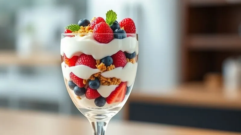 A professional photography shot of a beautifully arranged, colorful yogurt parfait in a tall, elegant glass. The layers are clearly visible: creamy white yogurt, vibrant red and blue berries, golden granola, and a hint of green mint. The background is softly blurred, focusing entirely on the dessert. The lighting is bright and inviting, highlighting the textures and freshness of the ingredients. 8K hyper-detailed, shot on a high-end DSLR, evoking a sense of deliciousness and healthy indulgence.