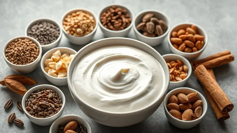A professional photography shot of a beautifully arranged selection of healthy toppings for yogurt. Small, elegant bowls contain various items: chia seeds, flax seeds, chopped walnuts, slivered almonds, cocoa nibs, cinnamon sticks, and vanilla pods. These are artfully placed around a central bowl of creamy natural yogurt. The lighting is soft and inviting, emphasizing the natural textures and colors of the ingredients. Sharp focus on the details, with a gentle depth of field. 8K hyper-detailed, shot on a high-end DSLR, conveying a sense of wholesome customization and gourmet health.