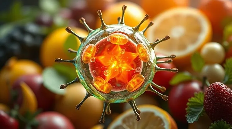 A photorealistic image of a vibrant, healthy human cell with glowing mitochondria, surrounded by protective antioxidants, set against a blurred background of detoxifying fruits and vegetables. Professional photography, 8K, cinematic lighting, sharp focus, depth of field, shot on a high-end DSLR, evoking cellular vitality and energy.