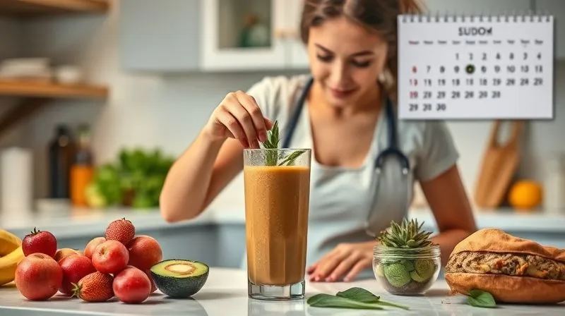 A photorealistic, professional photography, 8K, cinematic lighting, sharp focus, depth of field, shot on a high-end DSLR, of a busy person in a modern kitchen, effortlessly preparing a detox smoothie using pre-portioned frozen ingredients, with a calendar showing a consistent routine, emphasizing ease and efficiency in a healthy lifestyle.