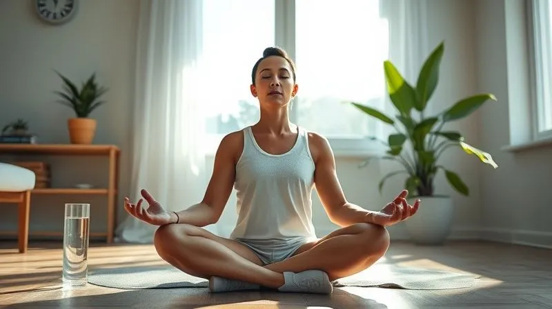 A photorealistic, professional photography, 8K, cinematic lighting, sharp focus, depth of field, shot on a high-end DSLR, of a serene person meditating in a sunlit room, with elements like a glass of water, running shoes, and a healthy plant in the background, symbolizing a holistic approach to well-being, energy, and mental clarity.