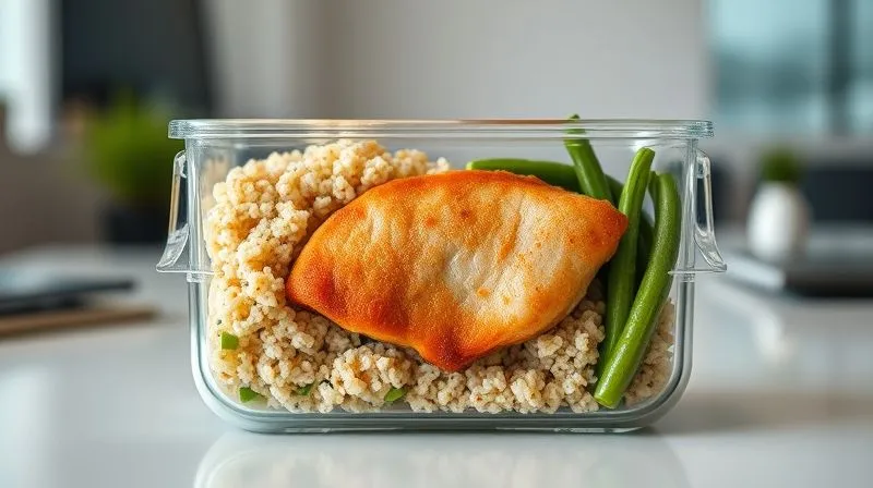 Photorealistic, professional photography, 8K, cinematic lighting, sharp focus on a perfectly organized glass lunchbox. Inside, a golden-brown, juicy turkey cutlet is nestled beside vibrant quinoa, fresh steamed green beans, and a small, separate container of a light herb-yogurt sauce. The lunchbox is on a clean, modern office desk, with depth of field blurring the background, evoking a sense of healthy, convenient, and satisfying meal prep. Shot on a high-end DSLR.