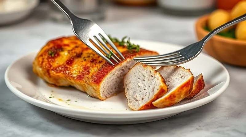 Photorealistic, professional photography, 8K, cinematic lighting, sharp focus on a single, perfectly cooked, golden-brown turkey cutlet, glistening with juices, garnished with fresh herbs (thyme, rosemary). It's presented on a minimalist white plate, with a fork gently slicing into it, revealing its moist interior. Depth of field blurs a clean kitchen background. The image evokes freshness, health, and deliciousness. Shot on a high-end DSLR.