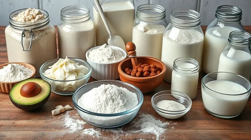 photorealistic, professional photography, 8K, cinematic lighting, sharp focus, depth of field, shot on a high-end DSLR image showing a collection of key gluten-free baking ingredients beautifully arranged on a rustic wooden table. Include various gluten-free flours in glass jars, a bowl of ripe mashed avocado, a small bottle of pure maple syrup, a container of coconut oil, a spoonful of xanthan gum, and a bowl of plant-based milk. The lighting is warm and inviting, highlighting the textures and colors of the ingredients, suggesting health and natural goodness.