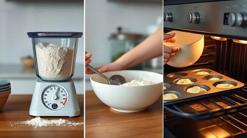 photorealistic, professional photography, 8K, cinematic lighting, sharp focus, depth of field, shot on a high-end DSLR image illustrating the baking process of gluten-free muffins. One shot shows a kitchen scale precisely measuring gluten-free flour, another shows a hand gently mixing batter in a bowl (not overmixing), and a third shows muffin tins being carefully placed into a preheated oven, with a visible oven thermometer. The atmosphere is calm and focused, emphasizing precision and care in the baking process. The background is a clean, modern kitchen.