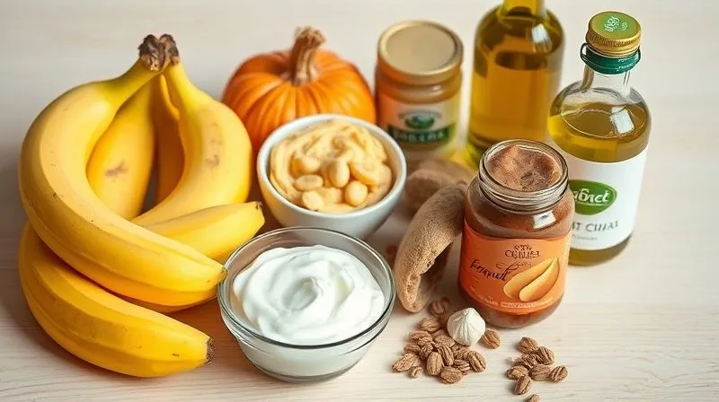 Photorealistic, professional photography of various moist ingredients for baking arranged artfully on a light wooden background. Include Greek yogurt in a small bowl, mashed ripe bananas, pumpkin puree, a jar of natural peanut butter, and a bottle of high-quality olive oil. Cinematic lighting, sharp focus on the textures, depth of field blurring the background. 8K hyper-detailed, shot on a high-end DSLR, conveying freshness and healthy baking.