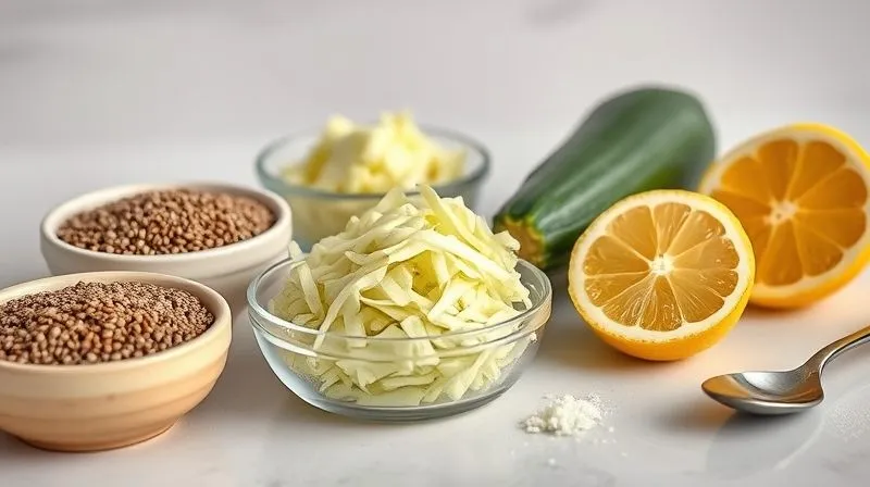 Photorealistic, professional photography of a variety of innovative baking additions. Display a small bowl of chia seeds, another with ground flaxseed, a small mound of finely grated zucchini, and a lemon cut in half next to a tablespoon of apple cider vinegar. Cinematic lighting, sharp focus on the textures, depth of field blurring a clean kitchen counter. 8K hyper-detailed, shot on a high-end DSLR, emphasizing healthy, smart baking solutions.
