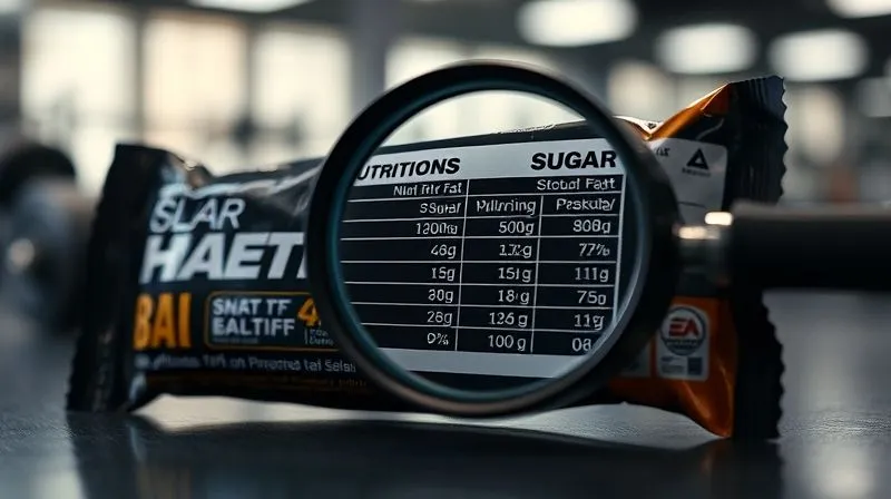 Photorealistic close-up of a protein bar nutrition label, with a magnifying glass highlighting the 'sugar' and 'fat' content, set against a blurred background of a gym environment. Professional photography, 8K, cinematic lighting, sharp focus, depth of field, shot on a high-end DSLR.