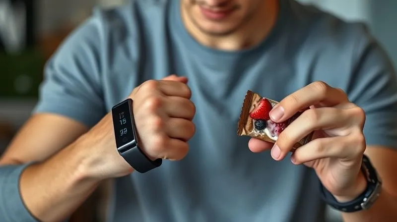 A photorealistic image of a person checking their fitness tracker and then making a conscious choice between a healthy, homemade snack (like Greek yogurt with berries) and a commercially packaged protein bar, symbolizing mindful eating. Professional photography, 8K, cinematic lighting, sharp focus, depth of field, shot on a high-end DSLR.