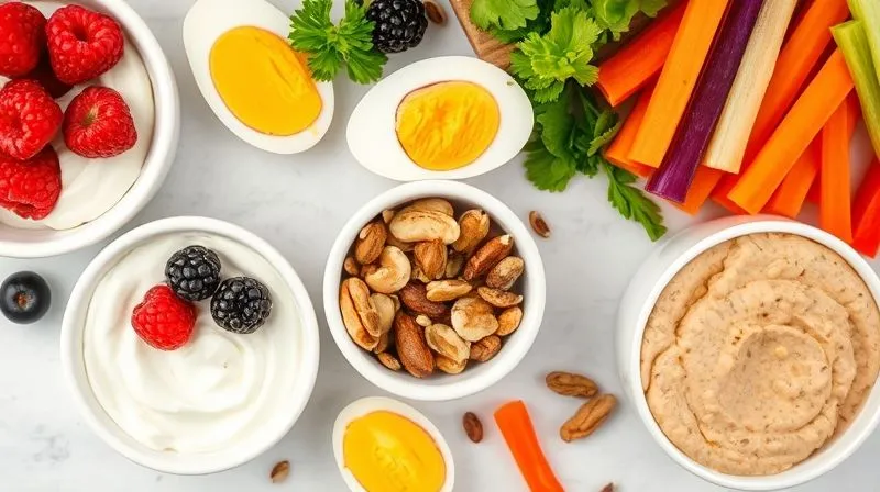 A vibrant, photorealistic flat lay image of various healthy snack alternatives: Greek yogurt with berries, hard-boiled eggs, a small bowl of mixed nuts and seeds, and colorful vegetable sticks with hummus. Bright, natural lighting, sharp focus, depth of field, professional photography, 8K, shot on a high-end DSLR.