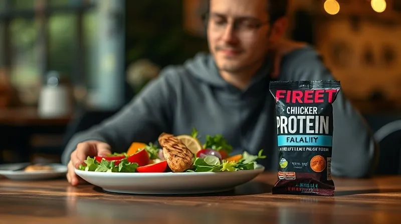 A photorealistic image of a person sitting at a table, thoughtfully examining a healthy meal (e.g., a colorful salad with grilled chicken) while a blurred, out-of-focus protein bar package sits in the background, symbolizing mindful eating and conscious choice. Professional photography, 8K, cinematic lighting, sharp focus, depth of field, shot on a high-end DSLR.