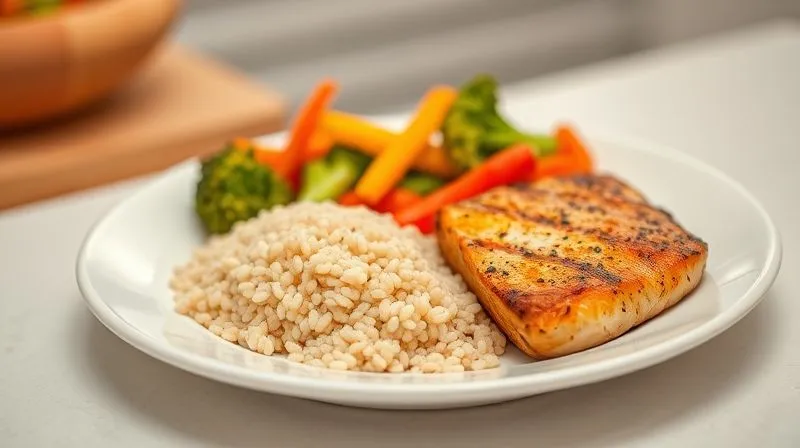 A vibrant, photorealistic image of a perfectly portioned, healthy meal on a white plate. The plate contains a small, neat mound of cooked buckwheat, a generous serving of colorful roasted vegetables (broccoli, bell peppers, carrots), and a grilled chicken breast or pan-seared salmon. Cinematic lighting, sharp focus on the food, depth of field blurring a simple, clean kitchen background, 8K hyper-detailed, professional photography.