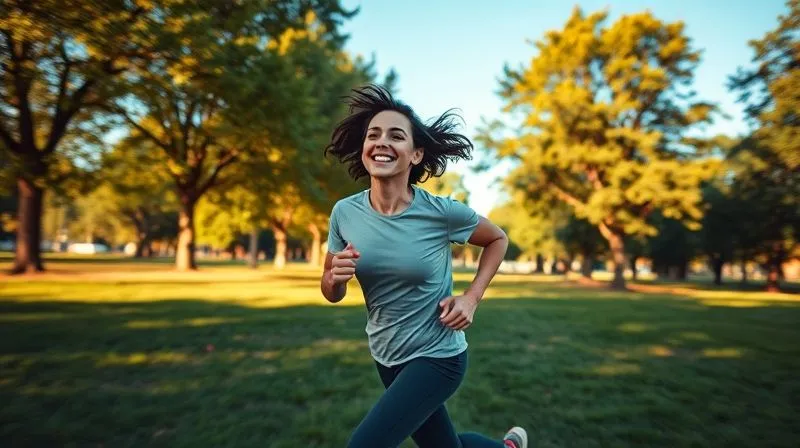 A dynamic, photorealistic image of a person joyfully jogging through a sunlit park, with green trees and a clear blue sky in the background. The person is smiling, showing energy and vitality. Cinematic lighting highlights their movement, sharp focus on the runner, depth of field blurring the park scenery, 8K hyper-detailed, professional photography.