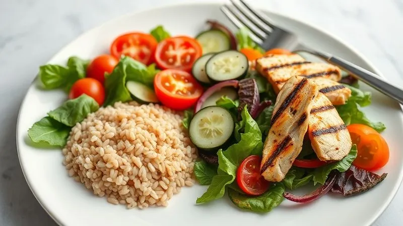 A beautifully arranged, photorealistic healthy meal with a focus on vibrant colors and fresh ingredients. A small, perfectly portioned serving of cooked buckwheat sits next to a large, colorful salad featuring mixed greens, cherry tomatoes, cucumber, bell peppers, and grilled chicken strips. The meal is presented on a minimalist white plate with elegant cutlery. Cinematic lighting, sharp focus, depth of field, 8K hyper-detailed, professional photography.