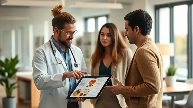 A professional, photorealistic image of a nutritionist or dietitian consulting with a client in a bright, modern office. The expert is pointing to a balanced meal plan on a tablet, while the client listens attentively. Warm, inviting cinematic lighting, sharp focus on the interaction, depth of field blurring the office background, 8K hyper-detailed, shot on a high-end DSLR.