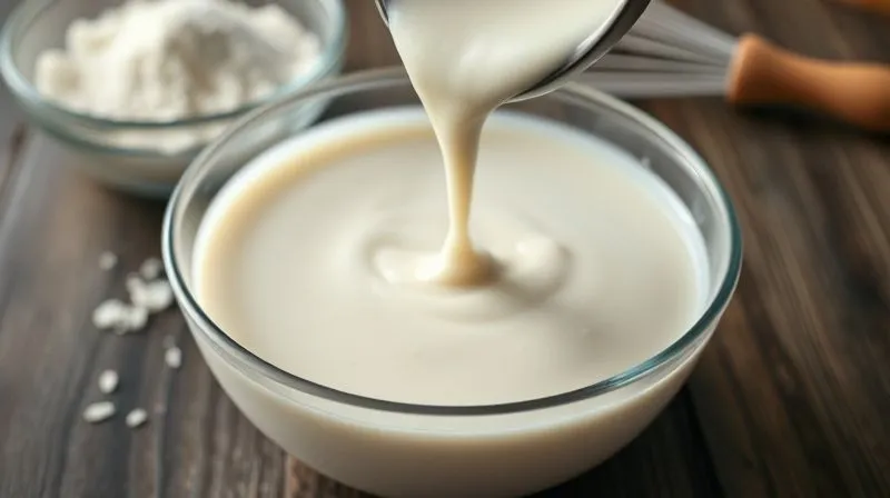 A close-up, photorealistic image of a perfect, smooth, slightly runny rice pancake batter being poured from a ladle into a mixing bowl, showing its ideal consistency. The batter is light in color, with tiny bubbles on the surface. In the background, out of focus, a whisk and a bowl of rice flour. Professional photography, 8K, cinematic lighting, sharp focus on the batter, depth of field blurring the background, shot on a high-end DSLR.