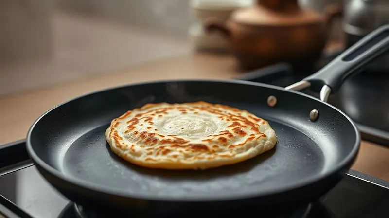 A photorealistic, professional photography shot of a single, perfectly golden-brown rice pancake sizzling gently on a hot, non-stick pan, with a faint wisp of steam rising. The edges are crisp, and the center is visibly soft. Cinematic lighting, sharp focus on the pancake, depth of field blurring the background of a modern kitchen, 8K hyper-detailed, shot on a high-end DSLR.