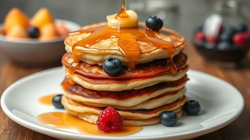 A photorealistic image of a stack of fluffy, golden-brown rice pancakes on a white plate, artfully drizzled with maple syrup and garnished with fresh berries (blueberries, raspberries). The pancakes appear moist and tender. In the background, out of focus, a small bowl of fruit. Professional photography, 8K, cinematic lighting, sharp focus on the pancakes, depth of field blurring the background, shot on a high-end DSLR, evoking a feeling of delicious and healthy breakfast.