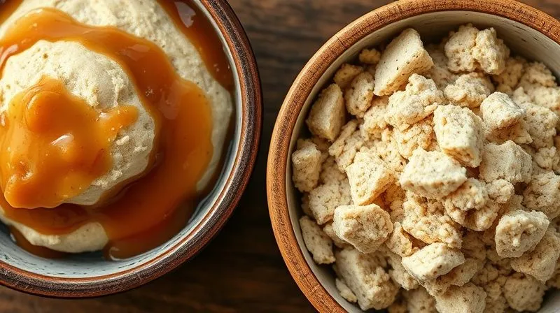 A close-up, photorealistic image of two bowls of buckwheat dough: one overly wet and runny, the other too dry and crumbly, illustrating improper hydration. Professional photography, 8K, cinematic lighting, sharp focus, depth of field.
