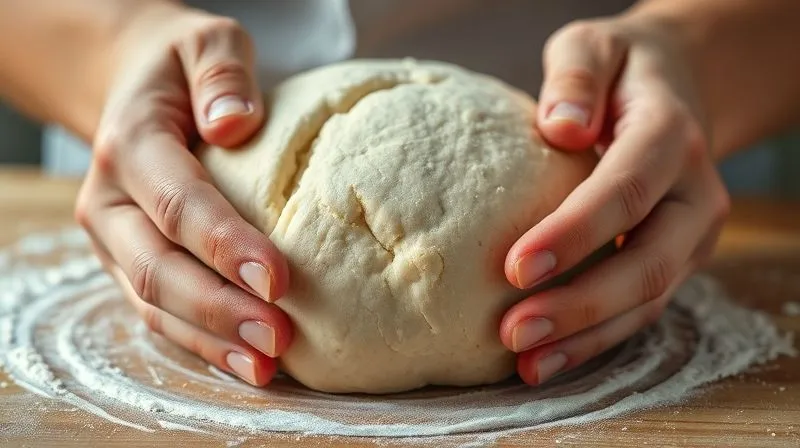 A close-up, photorealistic image of hands gently shaping a soft, slightly sticky buckwheat dough into a loaf, emphasizing the delicate nature of gluten-free dough. Professional photography, 8K, cinematic lighting, sharp focus, depth of field.