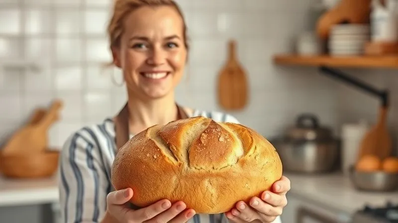 A professional photorealistic image of a proud baker (Anna) holding a perfectly risen, golden-brown loaf of buckwheat bread, smiling genuinely in a bright, clean kitchen. The scene exudes warmth and satisfaction. 8K, cinematic lighting, sharp focus, depth of field.