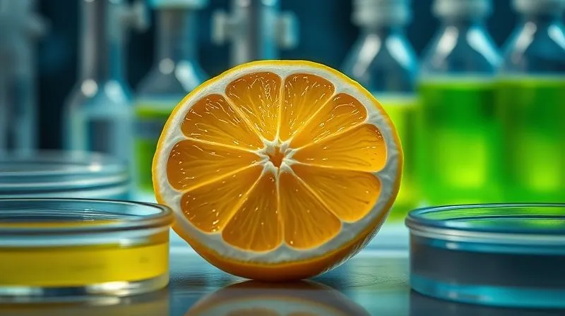 Photorealistic image of a single lemon cut in half, with vibrant juicy pulp, surrounded by scientific petri dishes and laboratory equipment, suggesting analysis rather than magic. Cinematic lighting, sharp focus, 8K hyper-detailed.