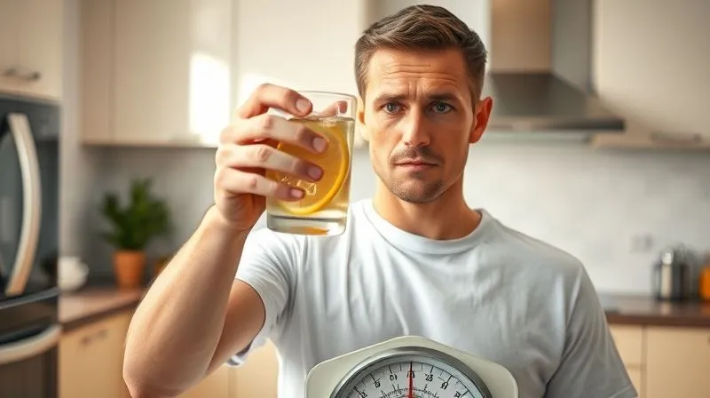 Photorealistic image of a person looking disappointed while holding a glass of lemon water, standing on a scale that shows the same weight. The background is a bright, clean kitchen. Cinematic lighting, sharp focus on the person's face, 8K hyper-detailed.