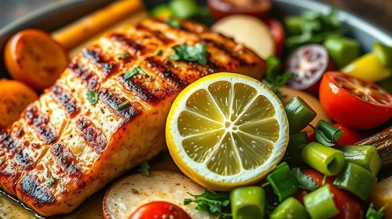 Photorealistic image of a vibrant, colorful fitness meal (e.g., grilled salmon with roasted vegetables and a fresh salad) with a wedge of lemon perfectly placed, suggesting its role as a healthy flavor enhancer rather than a standalone weight-loss solution. Cinematic lighting, sharp focus, 8K hyper-detailed.