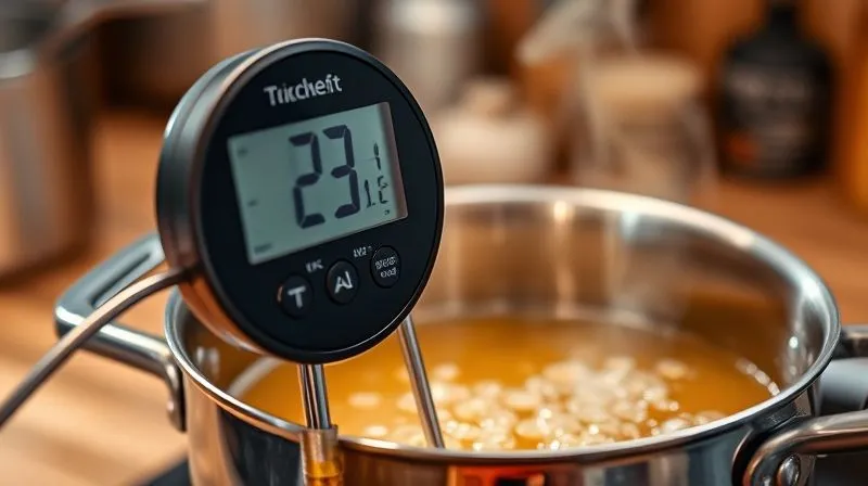 Photorealistic, professional photography, 8K, cinematic lighting, sharp focus, depth of field, shot on a high-end DSLR. A close-up of a digital kitchen thermometer accurately measuring the temperature of a bubbling, viscous golden syrup in a stainless steel pot, steam gently rising. The background is a blurred, warm-toned kitchen, emphasizing precision and control.