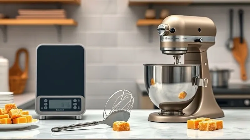 Photorealistic, professional photography, 8K, cinematic lighting, sharp focus, depth of field, shot on a high-end DSLR. A perfectly organized kitchen counter with essential nougat-making tools: a sleek digital kitchen scale, a modern candy thermometer, a stand mixer with a whisk attachment, and a silicone spatula. All items are clean and ready for use, bathed in soft, inviting light, conveying efficiency and precision.