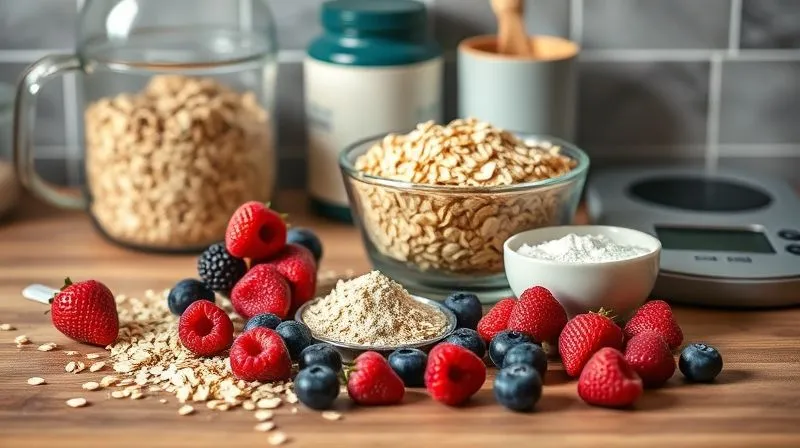 A photorealistic, professional photography of a kitchen counter with ingredients for healthy oatmeal cookies: a bowl of oats, a scoop of protein powder, fresh berries, and a small amount of honey or erythritol, alongside a measuring cup and a digital scale. The composition emphasizes balance and control. Cinematic lighting, sharp focus on the ingredients, 8K hyper-detailed, shot on a high-end DSLR.