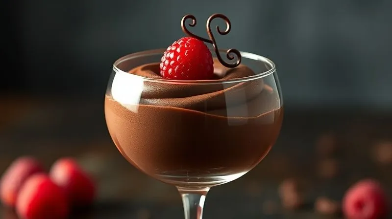 A photorealistic close-up of a perfectly smooth, glossy fit chocolate mousse in a elegant serving glass, topped with a single raspberry and a delicate chocolate curl, bathed in soft, inviting cinematic lighting, sharp focus on the mousse, depth of field, 8K, shot on a high-end DSLR.