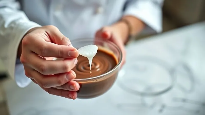 A photorealistic image of a chef's hands carefully mixing a small amount of agar-agar into a slightly runny chocolate mousse in a bowl, with a look of concentration and problem-solving, cinematic lighting, sharp focus, depth of field, 8K, shot on a high-end DSLR.