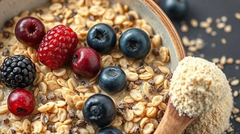 A close-up, photorealistic image of a bowl of oats with chia seeds and berries, next to a scoop of protein powder, emphasizing healthy, fibrous and protein-rich ingredients. Cinematic lighting, sharp focus, depth of field, 8K hyper-detailed, shot on a high-end DSLR.