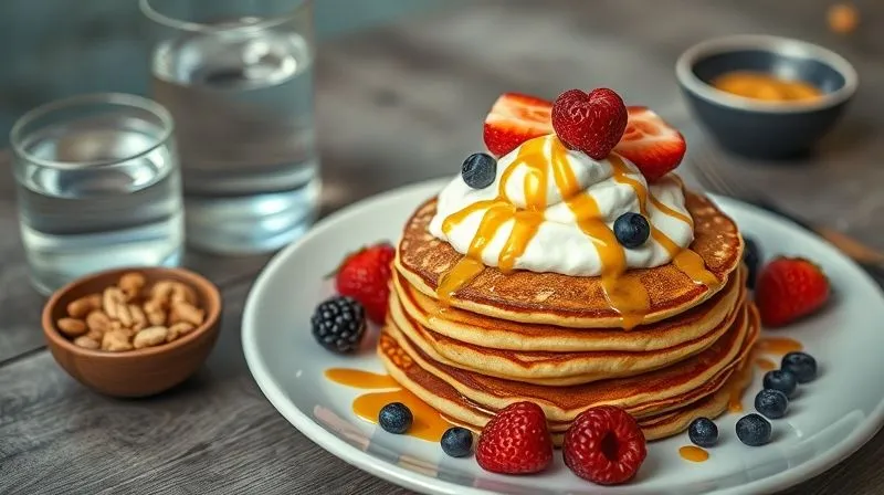 A beautifully arranged photorealistic breakfast table with a plate of golden-brown fit banana pancakes, topped generously with Greek yogurt, fresh berries, and a drizzle of nut butter. A glass of water and a small bowl of nuts are also visible, emphasizing a balanced, complete meal. Cinematic lighting, sharp focus, depth of field, 8K hyper-detailed, shot on a high-end DSLR.