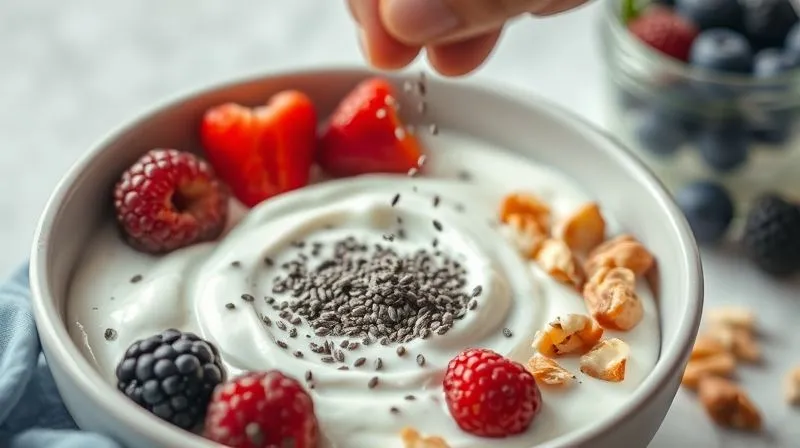 A close-up, photorealistic, professional photography, 8K image of a hand sprinkling chia seeds into a bowl of thick Greek yogurt, with fresh berries and chopped nuts already added. The scene is bright and clean, emphasizing healthy preparation, cinematic lighting, sharp focus on the falling seeds, depth of field blurring the background. Shot on a high-end DSLR.