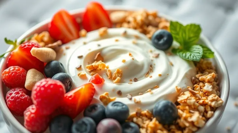 A vibrant, photorealistic, professional photography, 8K image showcasing a variety of healthy, colorful toppings arranged around a bowl of creamy natural yogurt. Include fresh berries, chopped nuts, chia seeds, granola, and a touch of honey or maple syrup. The composition should be artful and inviting, with cinematic lighting, sharp focus on the textures of the food, and a soft depth of field. Shot on a high-end DSLR.