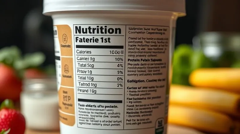 A photorealistic close-up of a nutrition label on a protein yogurt container, with key information like 'Calories', 'Sugar', and 'Protein' highlighted. The background is slightly blurred, showing other healthy food items. Professional photography, 8K, cinematic lighting, sharp focus on the label, depth of field blurring the background, shot on a high-end DSLR.