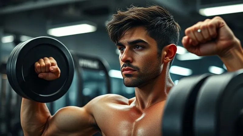 A photorealistic dynamic shot of a person lifting weights in a modern gym, sweat glistening, focused expression. The background shows other gym equipment in soft focus. Professional photography, 8K, cinematic lighting, sharp focus on the person, depth of field blurring the background, shot on a high-end DSLR.