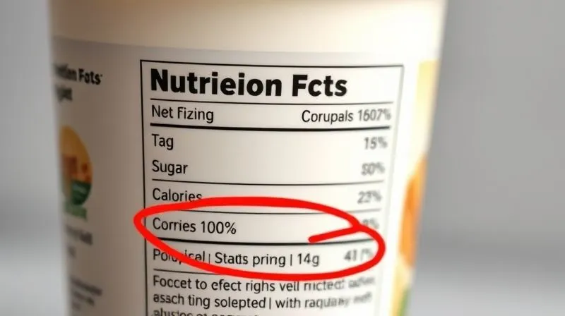 A close-up, photorealistic image of a protein yogurt cup's nutrition label, with the 'sugar' and 'calories' sections subtly highlighted or circled in red, drawing attention to unexpected high values. Professional photography, 8K, cinematic lighting, sharp focus, depth of field, shot on a high-end DSLR.