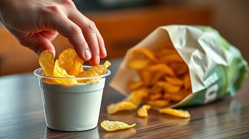 A photorealistic image of a hand reaching for a bag of potato chips, while a half-eaten protein yogurt cup sits on the table beside it. The scene should convey a sense of mindless snacking after a supposedly healthy choice. Cinematic lighting, sharp focus on the hand and chips, depth of field, 8K, shot on a high-end DSLR.