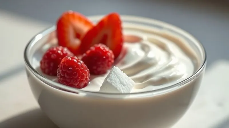 Photorealistic image of a beautiful bowl of yogurt with fruit, but with a subtle, almost imperceptible sugar cube hidden beneath the fruit, casting a shadow, cinematic lighting, sharp focus on the bowl, depth of field. 8K hyper-detailed, professional photography, shot on a high-end DSLR.