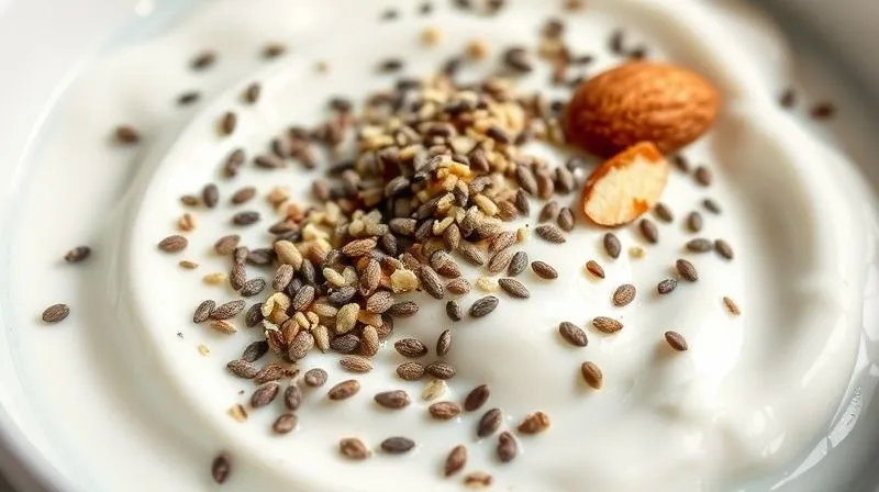 Photorealistic close-up of a vibrant bowl of Greek yogurt topped with a generous sprinkle of chia seeds, flax seeds, and a few chopped almonds, showcasing texture and healthy fats. Cinematic lighting, sharp focus, depth of field, 8K hyper-detailed, professional photography, shot on a high-end DSLR.