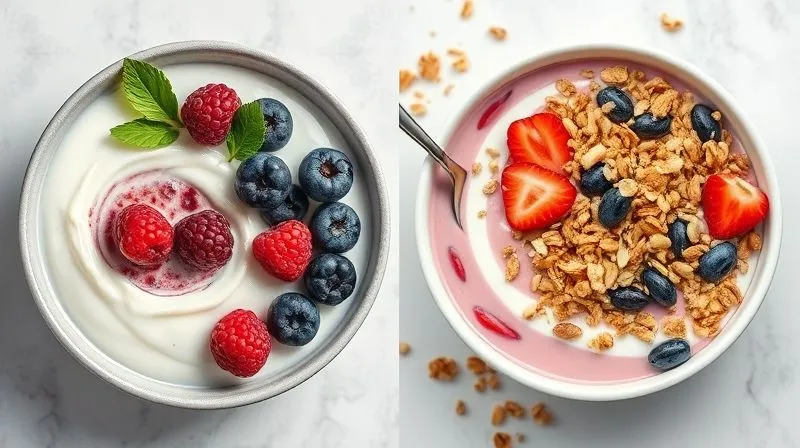 A side-by-side comparison photorealistic image of two yogurt bowls: one with a plain, healthy Greek yogurt, berries, and nuts (labeled "Syc?cy"), and the other with a colorful but clearly sugary fruit yogurt with too much granola (labeled "Pu?apka"). Cinematic lighting, sharp focus, depth of field, 8K hyper-detailed, professional photography, shot on a high-end DSLR.