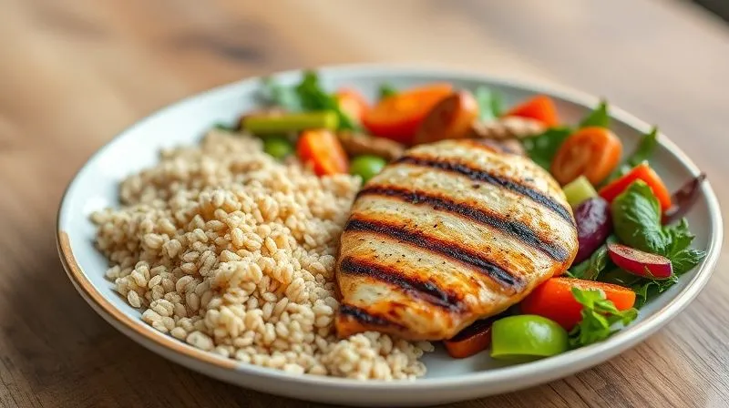 Photorealistic image of a perfectly balanced meal featuring buckwheat groats, a grilled chicken breast, and a vibrant, colorful salad with various fresh vegetables. The plate is neatly arranged, showcasing healthy portions. Cinematic lighting, sharp focus on the food, depth of field blurring the background, 8K hyper-detailed, shot on a high-end DSLR, professional photography.