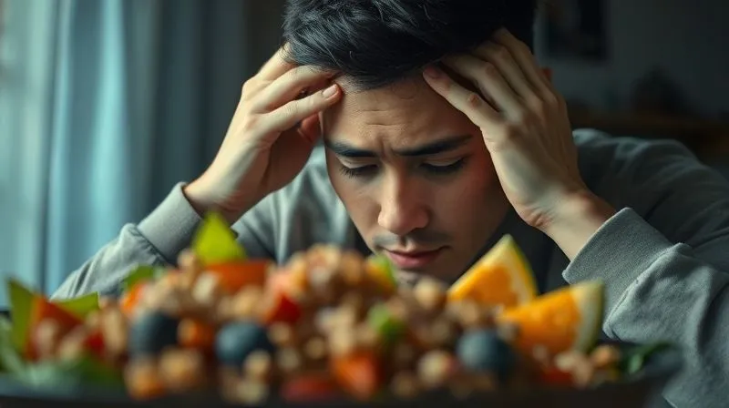 Photorealistic image of a person looking tired and stressed, rubbing their temples, with a blurred, healthy meal (including buckwheat) in the foreground. The lighting is dim and slightly melancholic, suggesting exhaustion. Sharp focus on the person's face, depth of field blurring the meal, 8K hyper-detailed, shot on a high-end DSLR, professional photography.