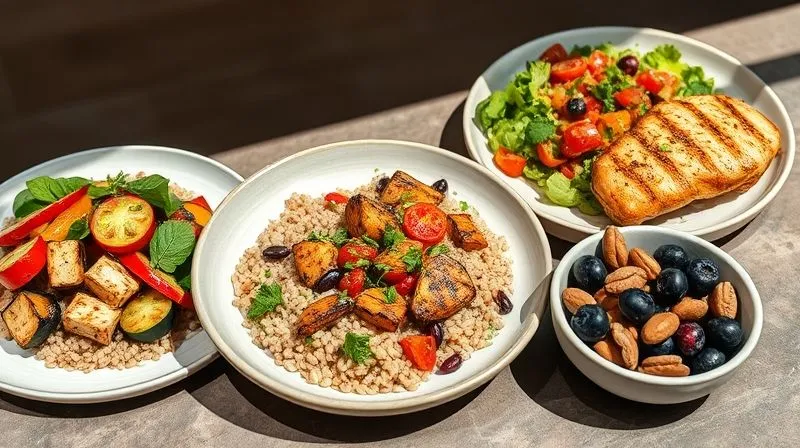 Photorealistic image of three distinct, beautifully plated, low-calorie meals featuring buckwheat groats. One plate shows buckwheat with colorful roasted vegetables and tofu, another a vibrant buckwheat salad with grilled chicken, and the third a small bowl of buckwheat with berries and nuts. All dishes are presented in a clean, modern style with natural light. Cinematic lighting, sharp focus, depth of field, 8K hyper-detailed, shot on a high-end DSLR, professional photography.