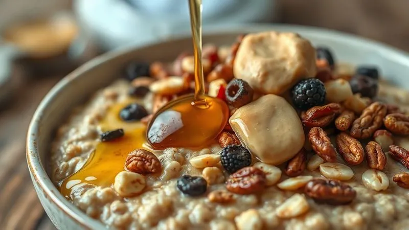 Photorealistic close-up of a bowl of millet porridge with a generous amount of various toppings, including honey drizzling, handfuls of nuts, dried fruits, and a dollop of peanut butter. The lighting is cinematic, highlighting the richness and calorie density of the additions, with a subtle hint of a weighing scale in the blurred background. Professional photography, 8K, sharp focus, depth of field, shot on a high-end DSLR.