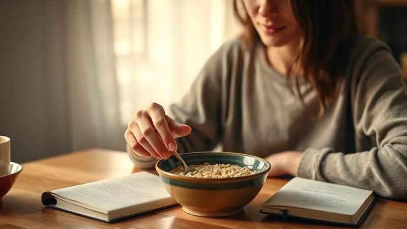 Photorealistic image of a person sitting at a kitchen table, looking thoughtfully at a bowl of millet porridge. Their hand is resting on a journal, suggesting mindful eating and reflection. Soft, natural light illuminates the scene, creating a calm and introspective mood. 8K, cinematic lighting, sharp focus on the person and the bowl, depth of field, shot on a high-end DSLR.